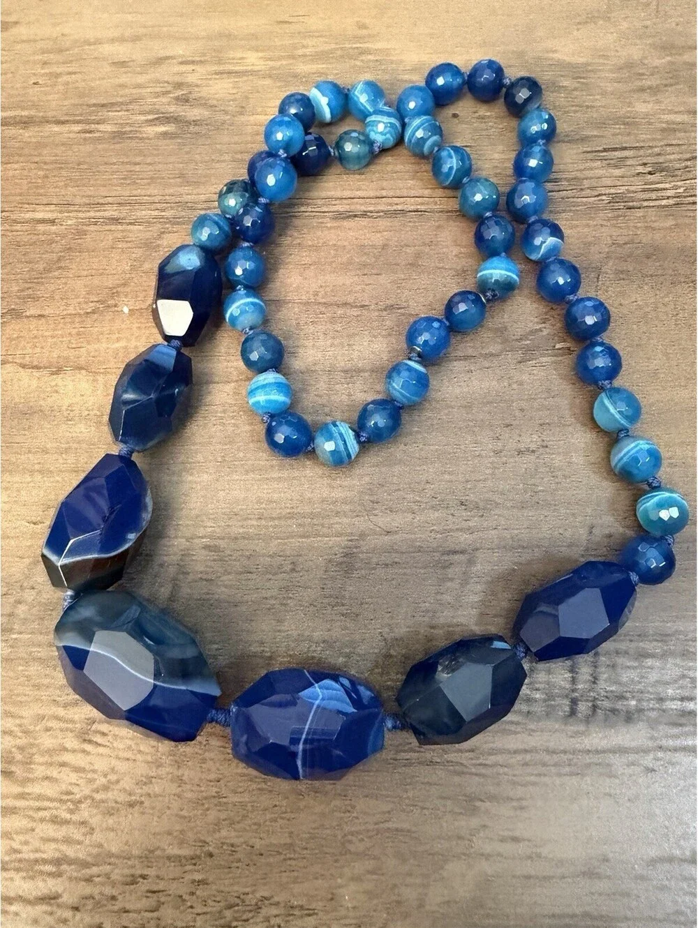Blue Banded Agate Beaded Necklace Faceted Graduated Gemstone Necklace 925 28”